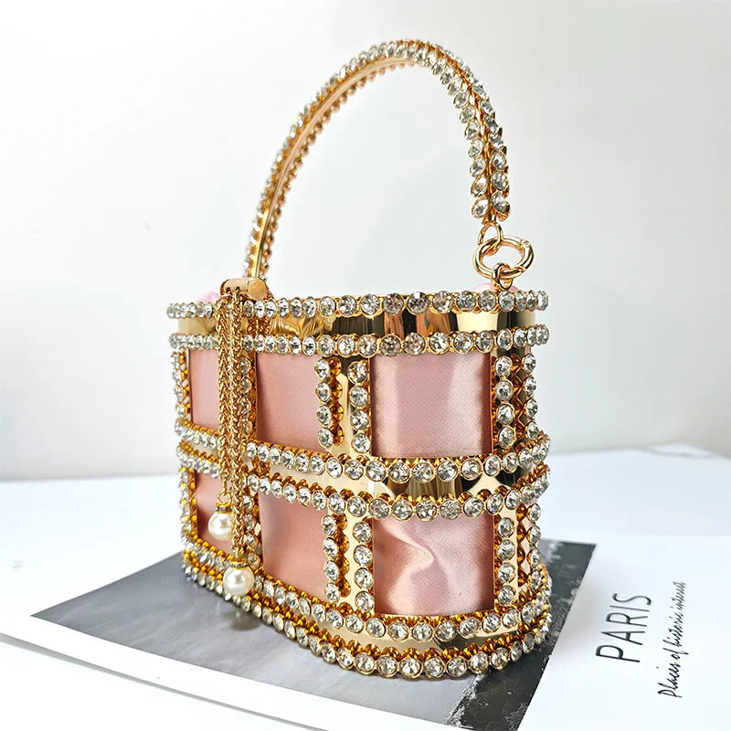 Ladies Rhinestone Evening Bag Fashionable Banquet Luxury Designer Handbag Metal Unique Bucket Versatile Women Tote Bag