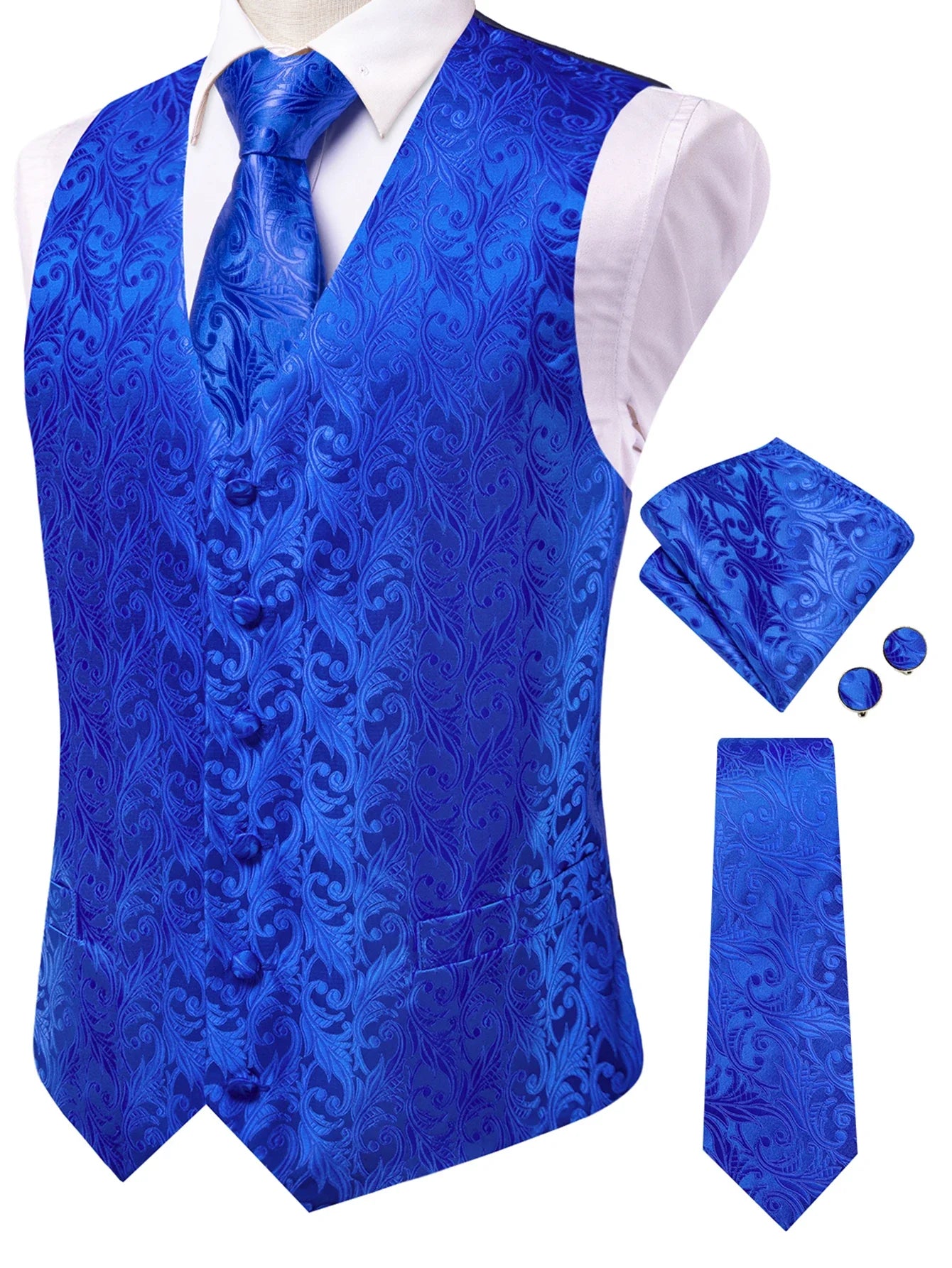 Men's Classic Floral Vest & Tie Hanky Cufflinks Set – Waistcoat for Weddings Events Party Gift