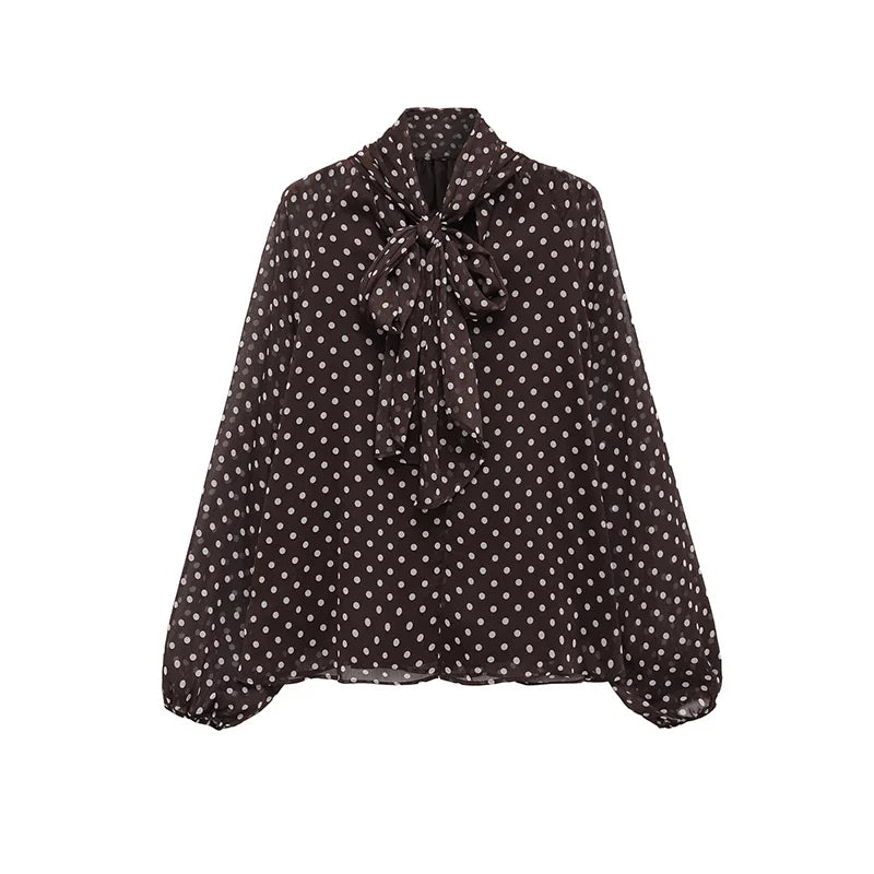 Polka Dot Printed Women Shirt 2026 Spring New Bow Tied Blouse Woman Tops Lady Ruffles Long Sleeve Loose Elegant Blouses Top ﻿
