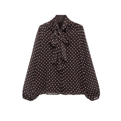 Polka Dot Printed Women Shirt 2026 Spring New Bow Tied Blouse Woman Tops Lady Ruffles Long Sleeve Loose Elegant Blouses Top ﻿