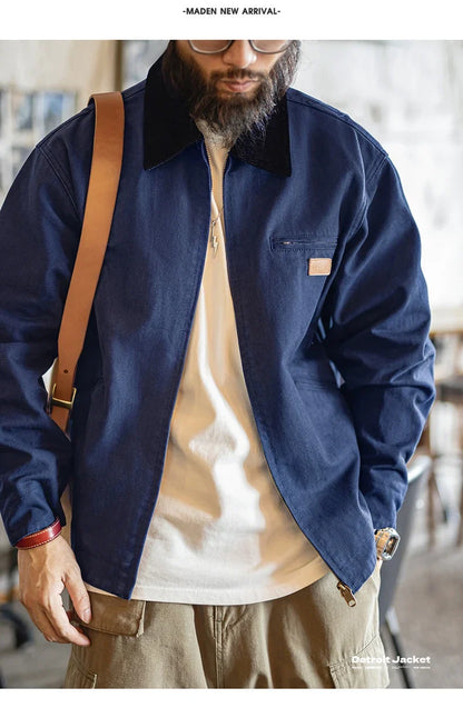 Men's Retro J001 Detroit Jacket Heavyweight Canvas Hunting Coat Lapel Collar Work Jackets with Zipper for Spring Fall