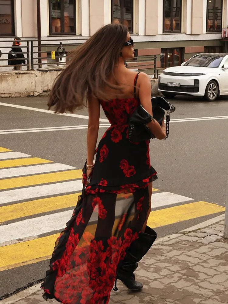2025 Summer Fashion Women's Straps Dresses Print Asymmetrical Chiffon Floral Streetwear Skinny Trailing Yk2 Vestidos