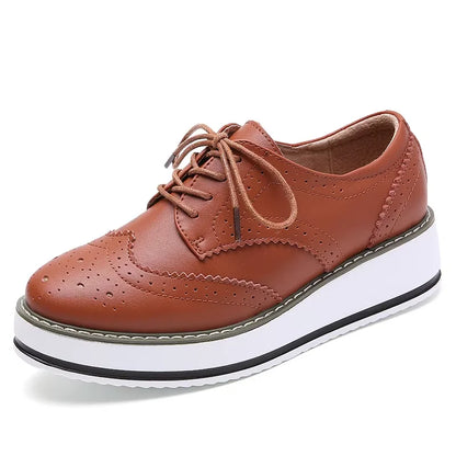 Women's Oxford Flats - Genuine Leather Wingtips Lace-Up Comfort Brogue Derby Patent Platform Casual Shoes for Spring Autumn