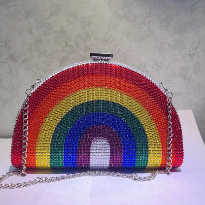 Rainbow Color Crystal Evening Clutch Bags Wedding Party Chain Bag Women Boutique Half Moon Rhinestone Purses And Handbags