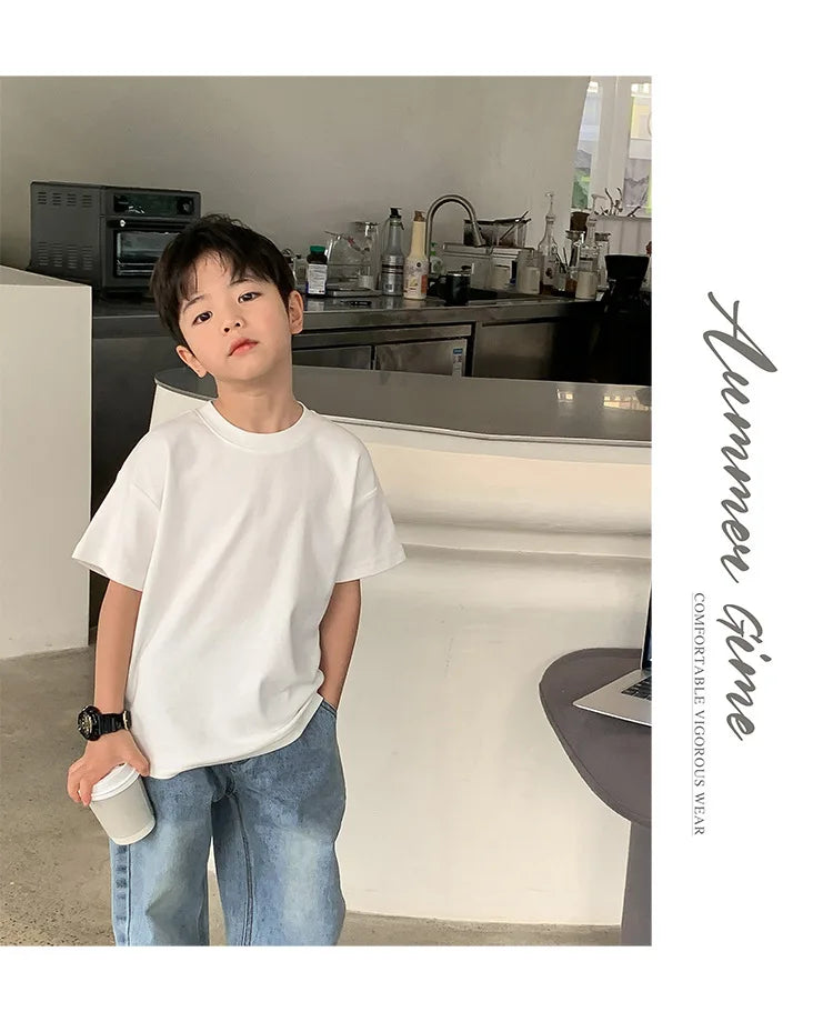 Summer Casual School Kids Cotton Plain Tee Tops Baby and Boys Short-Sleeved T-Shirt Children Outfit Clothing 1-16 Years