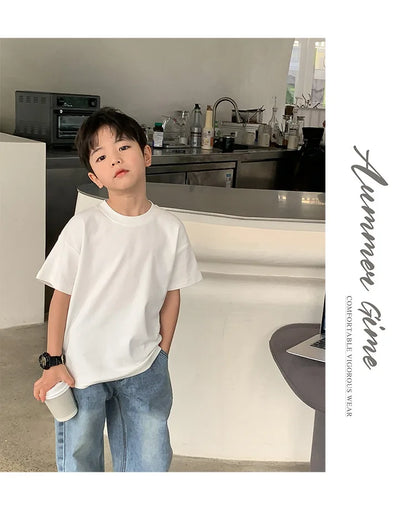 Summer Casual School Kids Cotton Plain Tee Tops Baby and Boys Short-Sleeved T-Shirt Children Outfit Clothing 1-16 Years