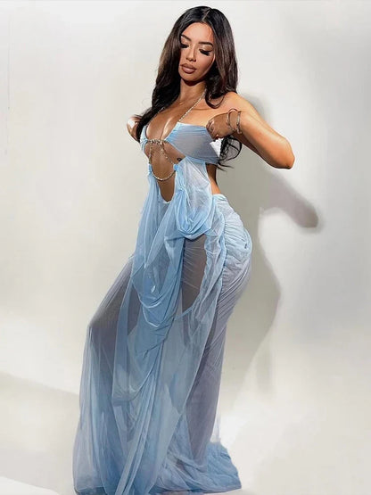 Prom Party Gown Dress Woman Sexy See Through Luxury Chain Halter Low-Neck Backless Sleeveless Midnight Elegant Vestidos
