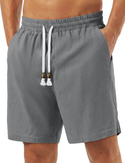 Men's Cotton Casual Shorts Loose Summer Beach Vacation Short Solid Pants with Deep Pockets Elastic Waist 7 Inch Inseam