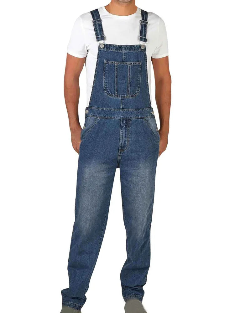 Overalls Jeans Men Ankle Length Jumpsuits Straight Pants Spliced One Piece Pockets Loose Vintage Wash Denim Casual Solid