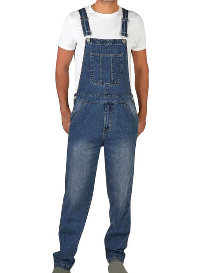 Overalls Jeans Men Ankle Length Jumpsuits Straight Pants Spliced One Piece Pockets Loose Vintage Wash Denim Casual Solid