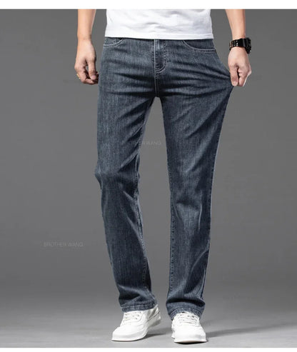 Spring Summer Thin Men's Classic Jeans Elastic Loose Straight Cotton Casual Denim Trousers Brand Clothing Business Male Pants