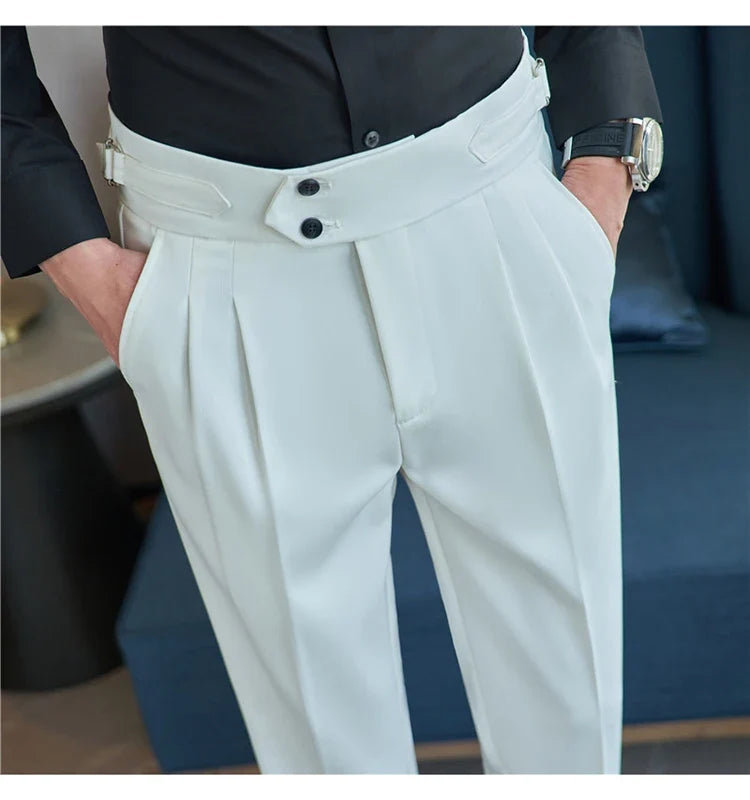 British Style Autumn New High Waist Trousers Men Belt Design Slim Fit Suit Pants Office Social Wedding Party Formal Pants Hommes