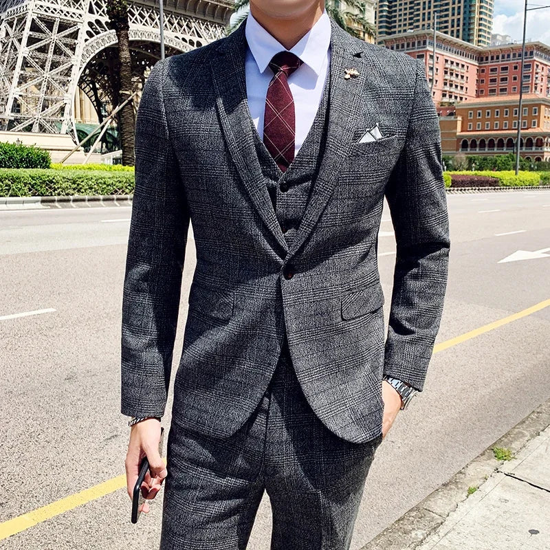 Coffee Brown Men Striped Plaid 3-Piece, Dark Blue Wedding Party Slim Fit Blazers Jacket and Vest with Pants, Asian Size M-5XL