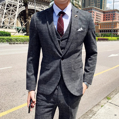 Coffee Brown Men Striped Plaid 3-Piece, Dark Blue Wedding Party Slim Fit Blazers Jacket and Vest with Pants, Asian Size M-5XL