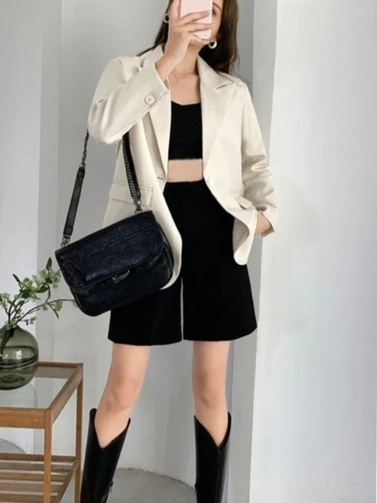 Eye Catching Women's Black Oversized Single Button Solid Wear To Work Casual Blazer Spring Autumn Jacket Influencer Korean Style