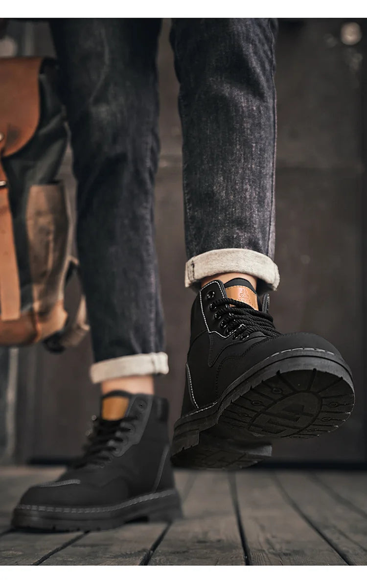 Men Boots  Autumn High Top British Korean Thick Soled Platform Comfortable Non Slip Short Boots Outdoor Lace Up Cotton Boots 202