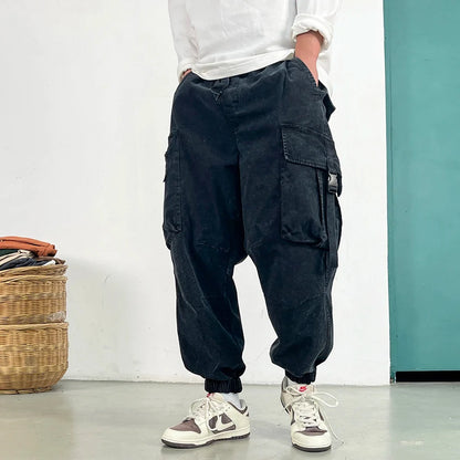 High Quality Snow Wash Distressed Cargo Pants Men Korean Fashion Plus Size Harem Pants Streetwear Joggers Casual Baggy Trousers