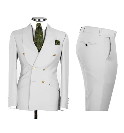 Light Blue Men's Suits Chic Double Breasted Blazer Peak Lapel Elegant Formal Set Male 2 Piece Jacket Pants Wedding Groom Tuxedos