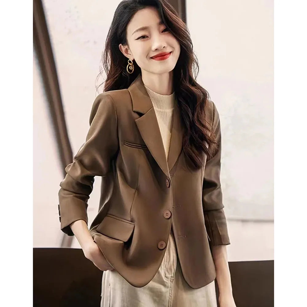 Coffee Small Blazer Jacket Spring Autumn Women Short Suit Coat Korean Casual Long Sleeve Single Breasted Blazers Solid Short Top