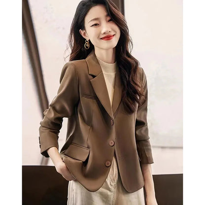 Coffee Small Blazer Jacket Spring Autumn Women Short Suit Coat Korean Casual Long Sleeve Single Breasted Blazers Solid Short Top