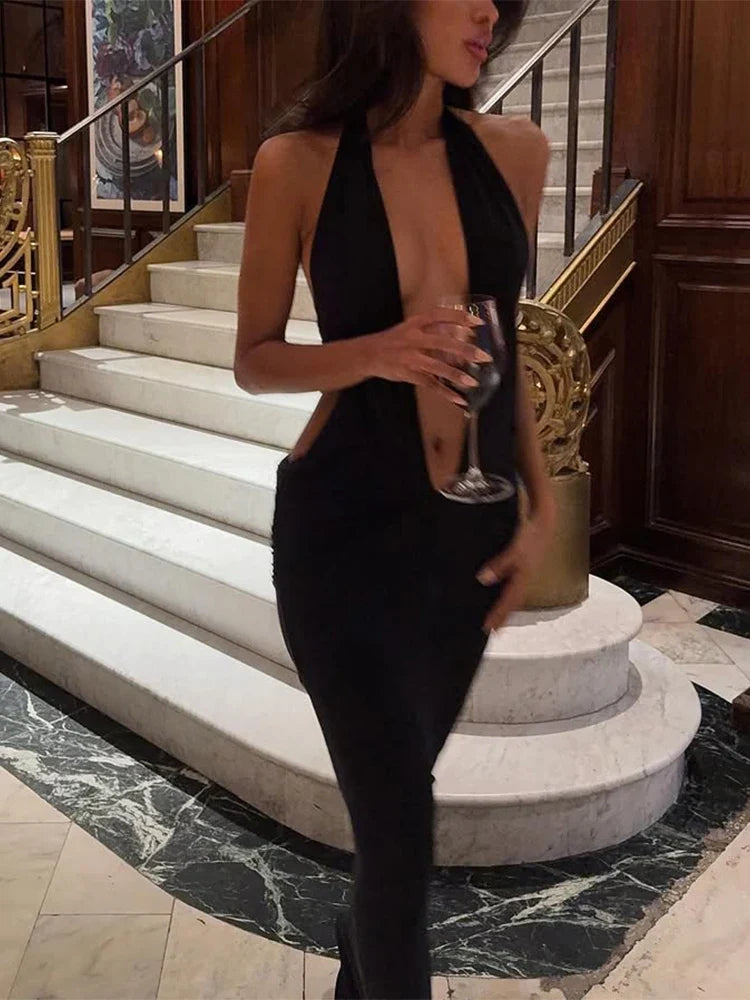 Fashion Halter Women's Maxi Dresses Solid Deep V-Neck Sleeveless Blackless Bandage Sheath Bodycon Party Vestidos Robes