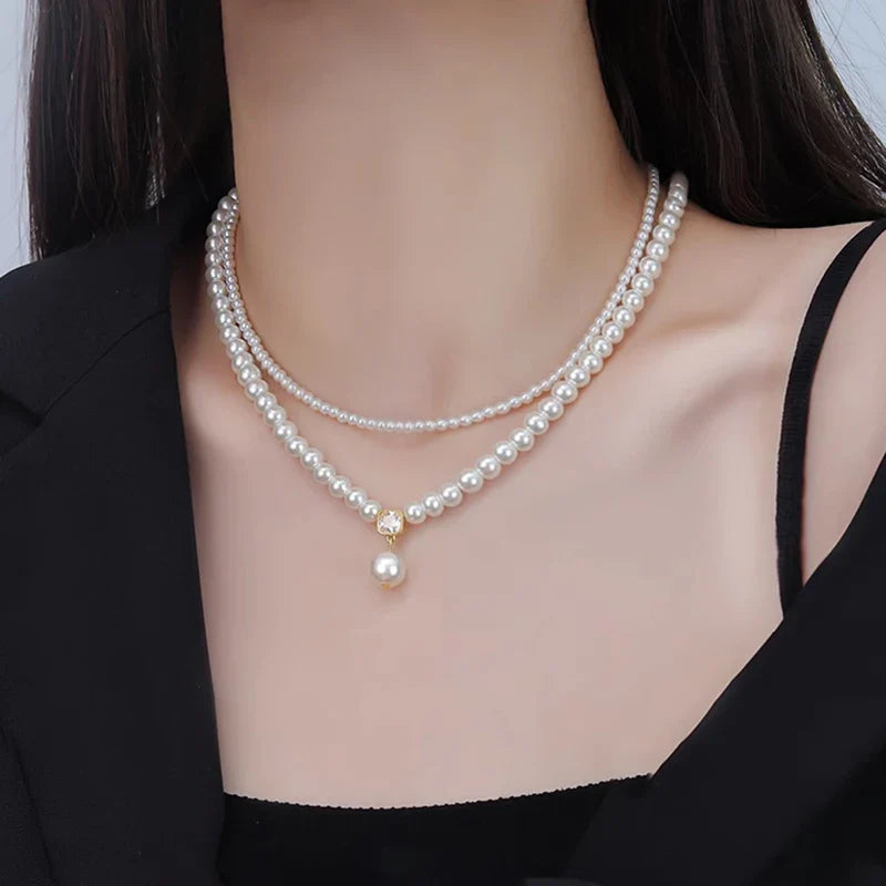 2025 Trendy Double-layer Imitation Pearl Bead Necklace Elegant Accessories For Womens Sexy Collarbone Chain Light Luxury Jewelry