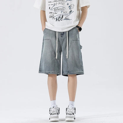 Men's Baggy Cargo Shorts Summer New Fashion Drawstring Straight Casual Jeans Streetwear Pocket Splicing Male Short Pants
