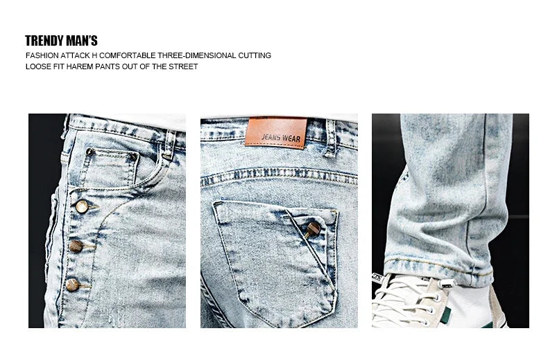 Slim Skinny Jeans Men New Elastic Korean Design Fashion Multi-Button Blue White Vintage Wash Cotton Stretch Denim Pants Trousers