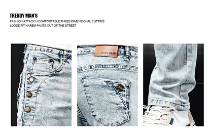 Slim Skinny Jeans Men New Elastic Korean Design Fashion Multi-Button Blue White Vintage Wash Cotton Stretch Denim Pants Trousers