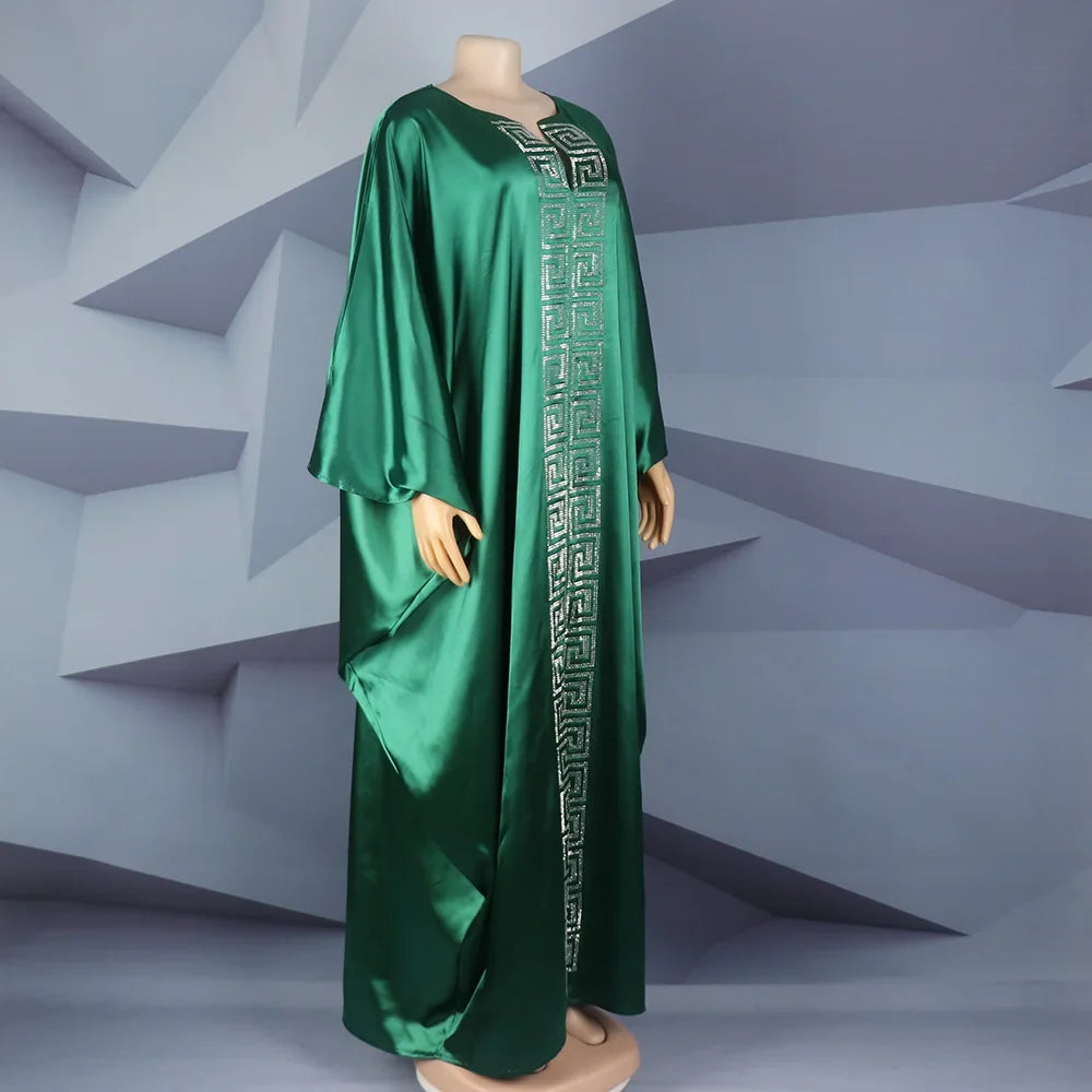 Fashion African Woman Large Size Bat Sleeve Dress Muslim Islamic Style Robe Imitation Silk Hot Fix Rhinestone