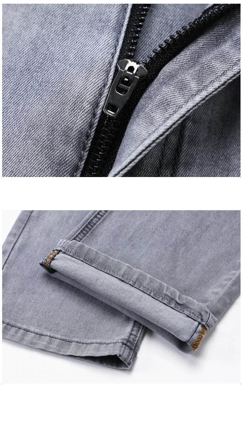 Summer Brand Men's Fit Straight Lightweight Cotton Stretch Jeans Business Casual High Waist Thin Light Grey Jeans mens pants