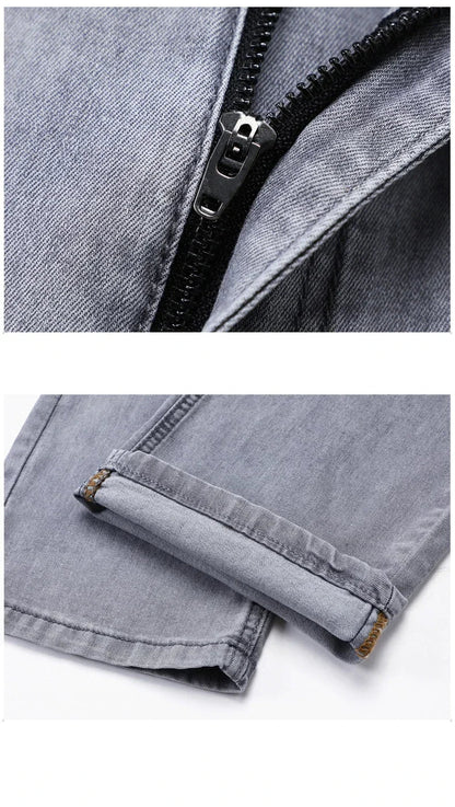 Summer Brand Men's Fit Straight Lightweight Cotton Stretch Jeans Business Casual High Waist Thin Light Grey Jeans mens pants