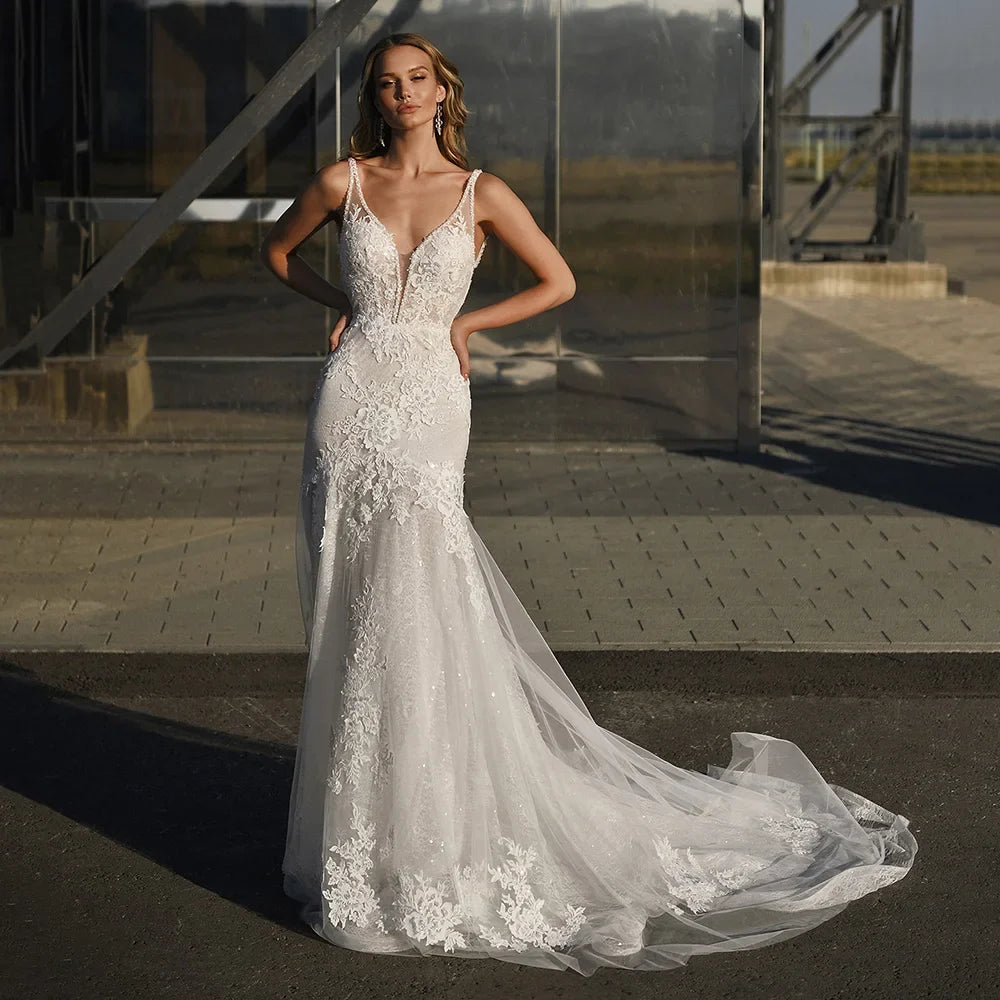 Chic V-neck Lace Mermaid Wedding Dresses Customized Backless Court Train Beaded Civil Bridal Gown Bohemian Vestido de Noiva