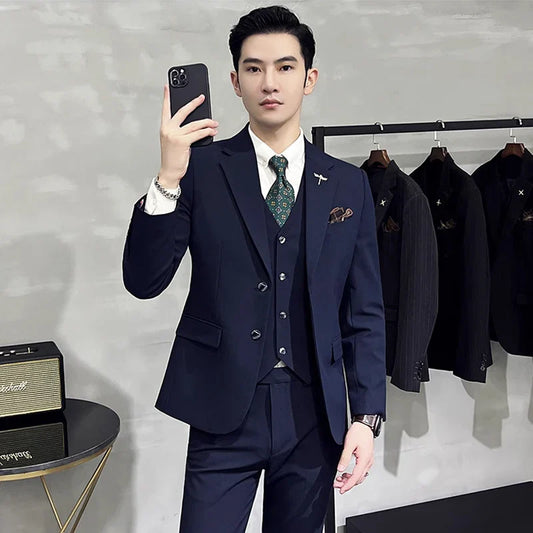 Blazer Vest Pants Men's Navy Blue Suit Set Slim Fit Blazer Vest Pants Formal Outfit for Business Wedding Office Groom Party