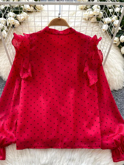 French Sweet Long Sleeved Blouse Women's Clothing Spring Autumn Bow Ruffle Edge Polka Dot Printed Chiffon Shirt Top C42