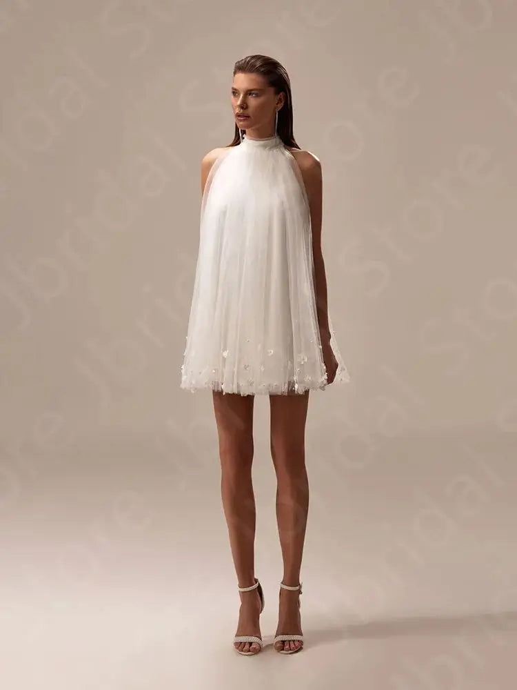 Customized Gorgeous High Neck Wedding Dresses 2025 Mini Length Bridal Gowns Sleeveless Bride Dresses Pearls Wedding Gown Flowers