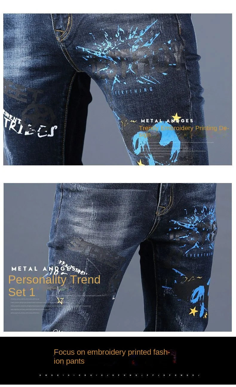 Harajuku Fashion Men's High-end Embroidered Jeans Korean Style Prints Patches Slim Fit Casual Spring Autumn Cowboy Trousers