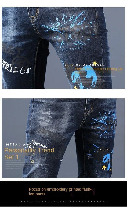 Harajuku Fashion Men's High-end Embroidered Jeans Korean Style Prints Patches Slim Fit Casual Spring Autumn Cowboy Trousers