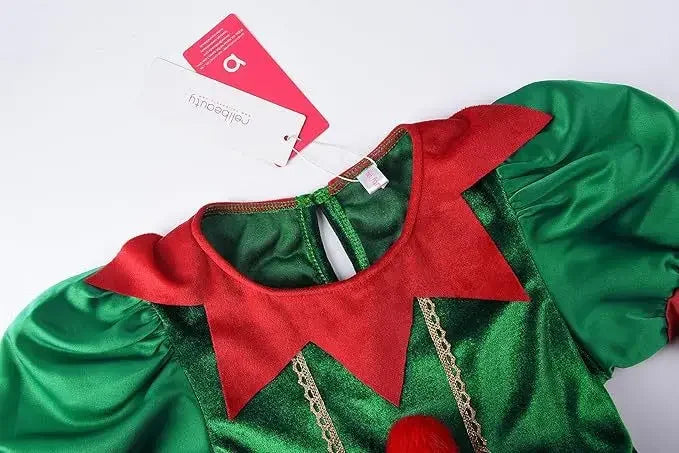 Boys Girls Elf Party Christmas Cosplay Costumes Elf Ear Role Play Set Xmas Hat Dress and Shoes Covers Stockings Kids Suit