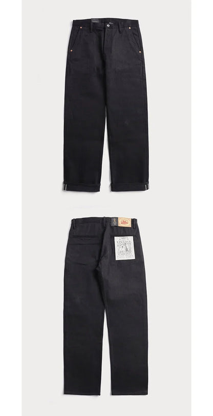 Black Men's Jeans Relaxed Fit 14.5oz Selvedge Denim Officer Trousers