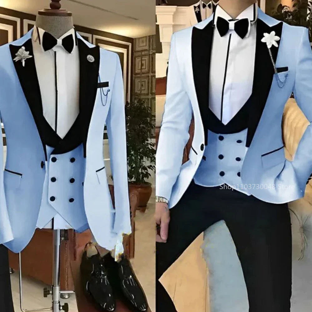 Solid Men's 3 Pieces Suit One Button Peak Lapel Jacket Vest Trousers Dinner Wedding Groom Tuxedos Slim Fit Formal Business Suits