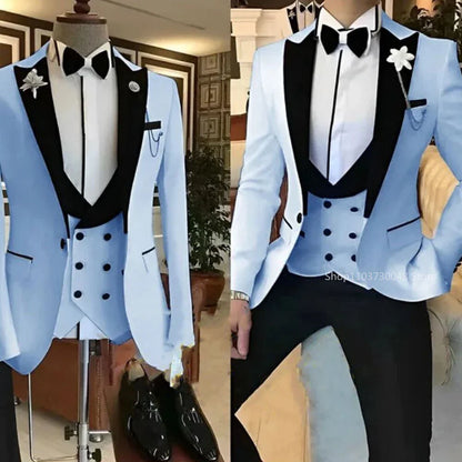 Solid Men's 3 Pieces Suit One Button Peak Lapel Jacket Vest Trousers Dinner Wedding Groom Tuxedos Slim Fit Formal Business Suits