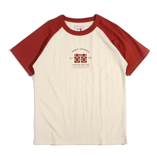 2024 Summer New Stitching Raglan Sleeve Man Retro Tshirt Women Casual Chinese Printing T-shirts Student Green Red Tee