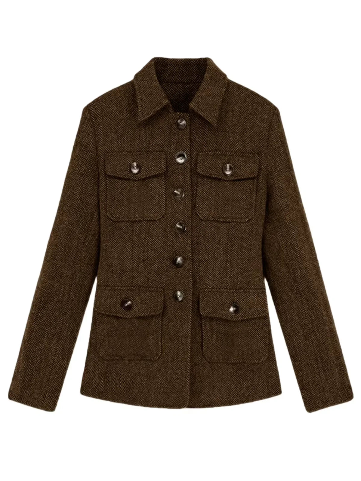 Men's Herringbone Wool Blend Blazer Jacket Notch Collar Utility Multi-Pocket Casual Overcoat For Spring Autumn