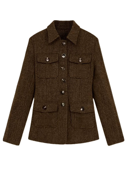 Men's Herringbone Wool Blend Blazer Jacket Notch Collar Utility Multi-Pocket Casual Overcoat For Spring Autumn