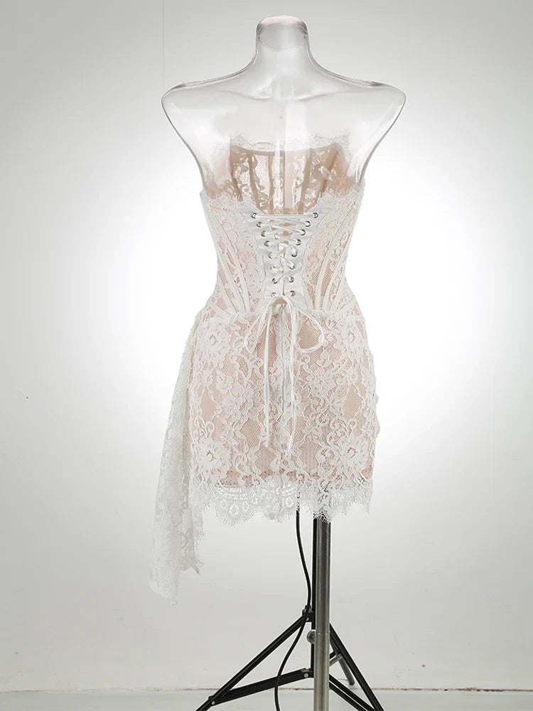 Christmas Dress For Women Red Lace Sexy Strapless Sleeveless Slim Supper Short Dress With Lace-Up