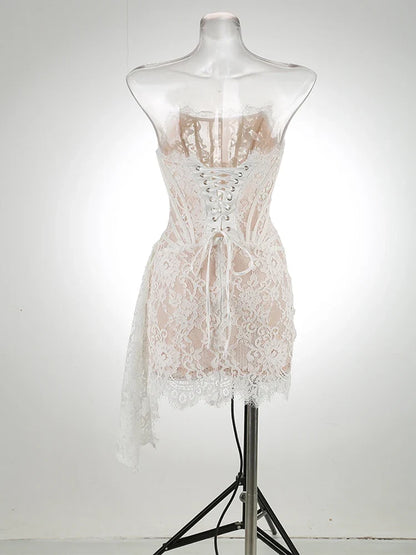 Christmas Dress For Women Red Lace Sexy Strapless Sleeveless Slim Supper Short Dress With Lace-Up