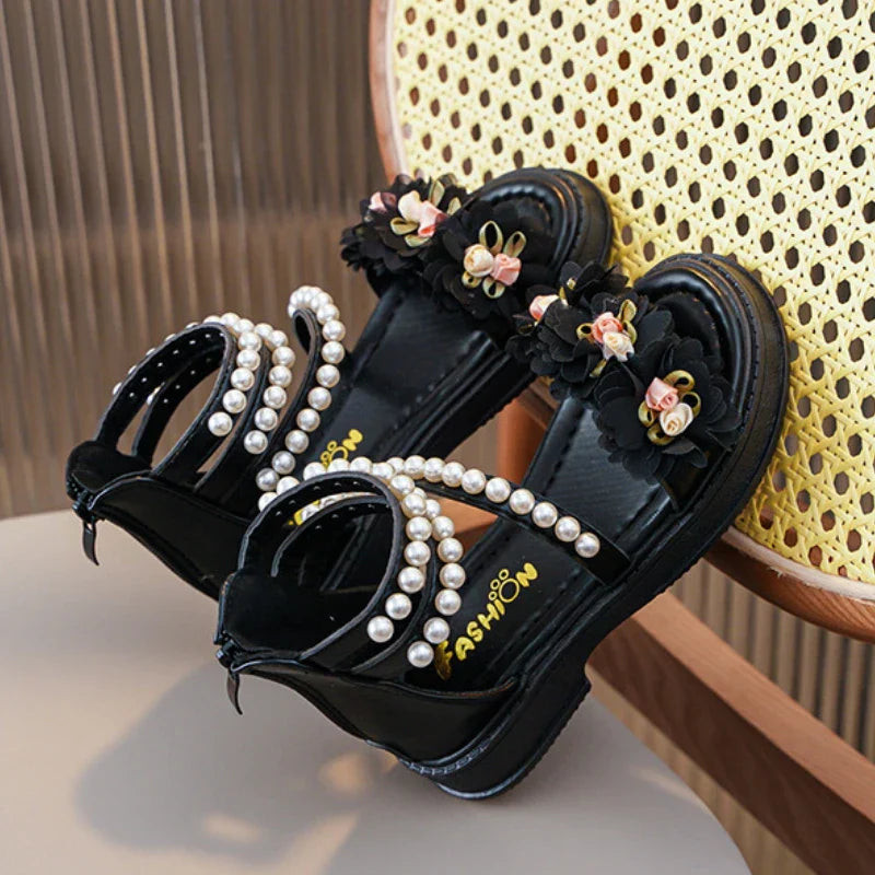 Children's Sandals for Girls Elegant Sandals Pearl Beading Sweet Princess Dress Shoes Kids High-top Roman Sandals Back Zipper