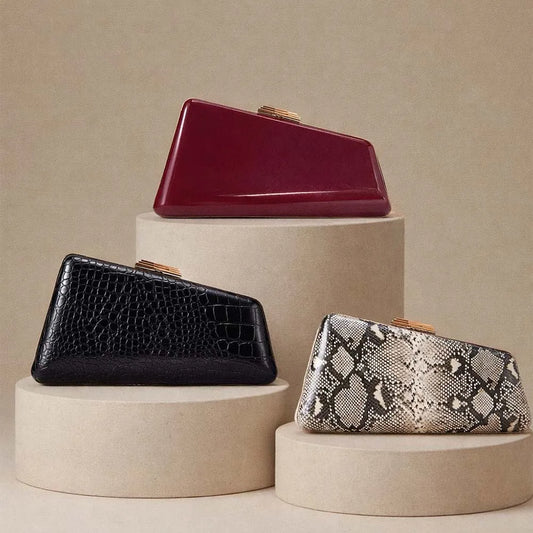 Wine Red Snake or Alligator Pattern PU Clutch Evening Bag with Gilded Buckle for Retro Dinner Party Ladies Handbag