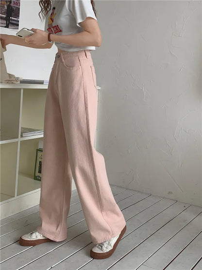 Korean Sle Simple Pure Color Wide Leg Jeans Pants for Women Summer Season Fall Collection Faion Ladies Premium Denim